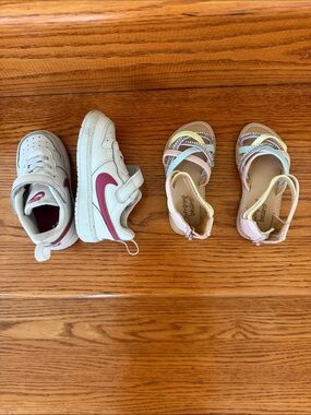 Nike Kids White Sneakers with Pink Swoosh and flats